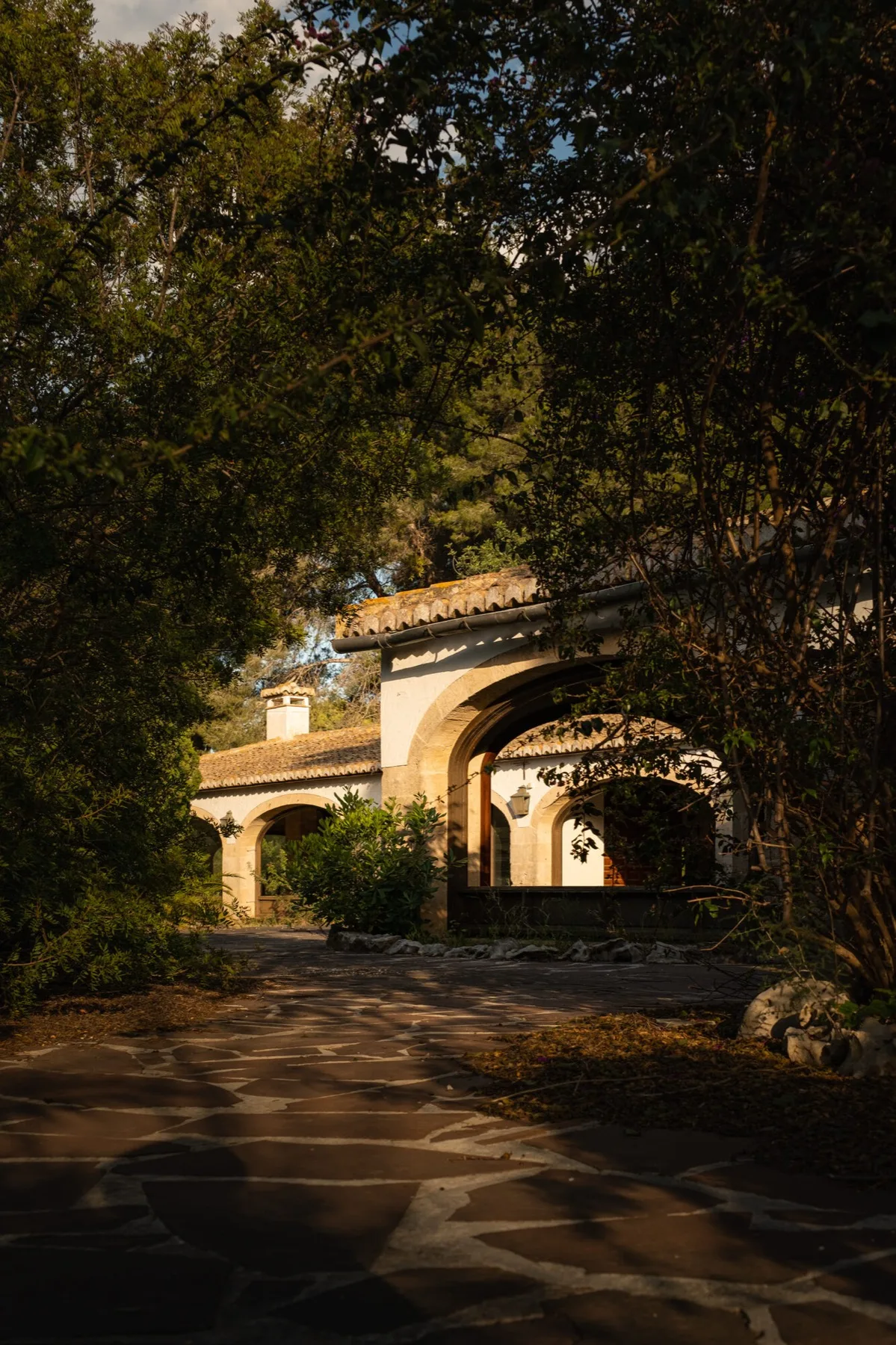 Colonnade entrance at golden hour
