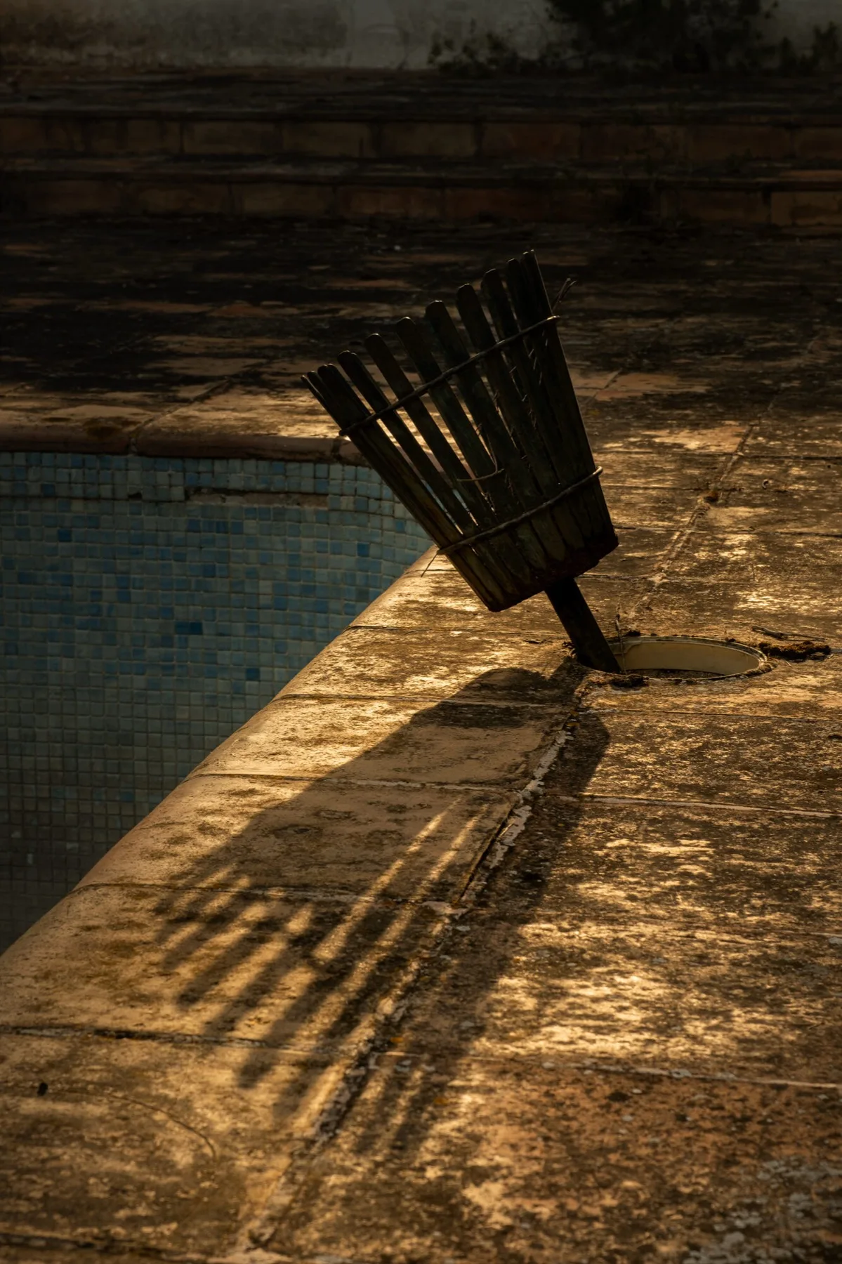 Pool rake, long shadow at golden hour